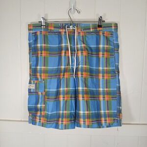 Chaps Swim Trunks Mens Medium Blue Plaid Cargo Pocket Board Shorts